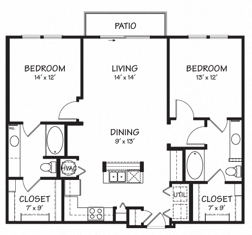 Floor plan for 2 beds, 2 baths, 1111 sqft